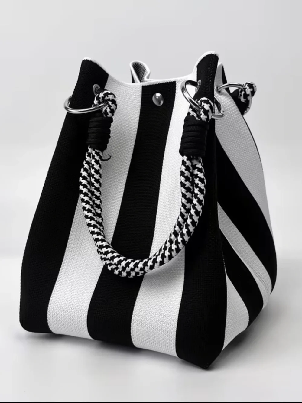 Striped Black & White Tote Bag with Rope Handles